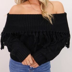 Off-Shoulder Black Fringe Sweater